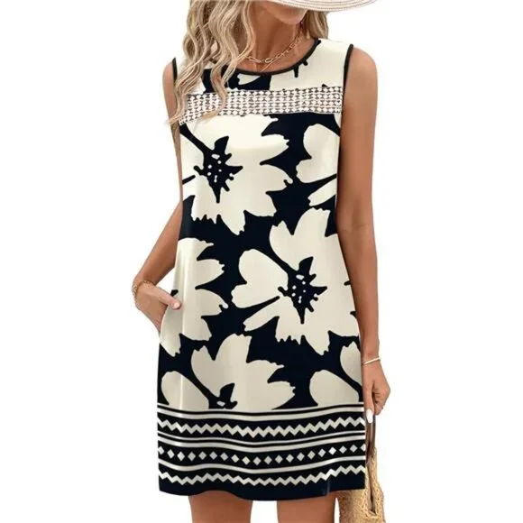 Women’s Black & White Lace Tank Dress Sleeveless Loose Fit Dress with Pockets - Picture 2 of 6